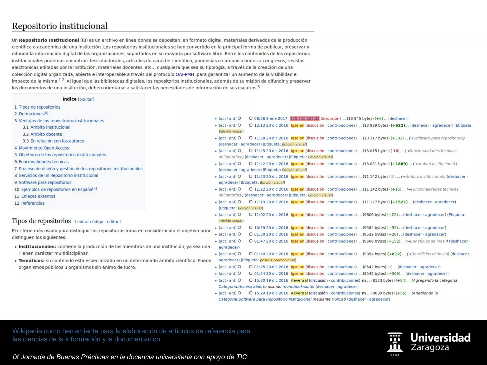 Wikipedia como herramienta para la elaboración de artículos de referencia para
las ciencias de la información y la documentación
IX Jornada de Buenas Prácticas en la docencia universitaria con apoyo de TIC
 