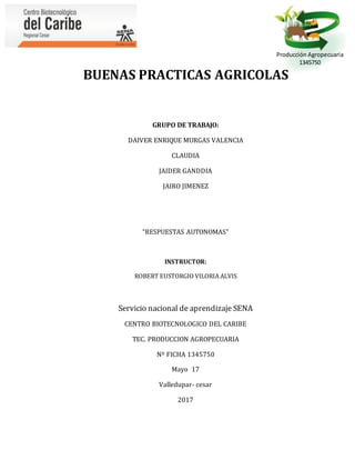 Producción Agropecuaria
1345750
BUENAS PRACTICAS AGRICOLAS
GRUPO DE TRABAJO:
DAIVER ENRIQUE MURGAS VALENCIA
CLAUDIA
JAIDER GANDDIA
JAIRO JIMENEZ
“RESPUESTAS AUTONOMAS”
INSTRUCTOR:
ROBERT EUSTORGIO VILORIA ALVIS
Servicio nacional de aprendizaje SENA
CENTRO BIOTECNOLOGICO DEL CARIBE
TEC. PRODUCCION AGROPECUARIA
Nº FICHA 1345750
Mayo 17
Valledupar- cesar
2017
 