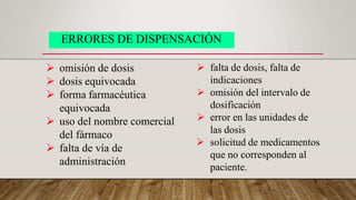 ERRORES DE DISPENSACIÓN
 omisión de dosis
 dosis equivocada
 forma farmacéutica
equivocada
 uso del nombre comercial
del fármaco
 falta de vía de
administración
 falta de dosis, falta de
indicaciones
 omisión del intervalo de
dosificación
 error en las unidades de
las dosis
 solicitud de medicamentos
que no corresponden al
paciente.
 