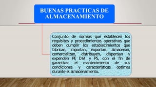 BUENAS PRACTICAS DE
ALMACENAMIENTO
Conjunto de normas que establecen los
requisitos y procedimientos operativos que
deben cumplir los establecimientos que
fabrican, importan, exportan, almacenan,
comercializan, distribuyen, dispensan y
expenden PF
, DM y PS, con el fin de
garantizar el mantenimiento de sus
condiciones y características optimas
durante el almacenamiento.
 