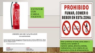 Debe prohibirse el fumar
,comer
,beber o
masticar
,como también el
mantener plantas,alimentos,bebidas,
medicamentos y otros objetos de uso
personal en el área de almacenamiento.
EXTINTOR
CON
CARGA
VIGENTE
 