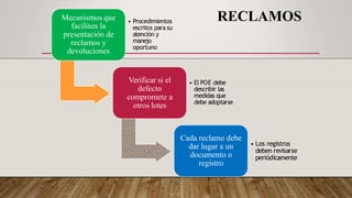RECLAMOS
Mecanismos que
faciliten la
presentación de
reclamos y
devoluciones
• Procedimientos
escritos para su
atención y
manejo
oportuno
Verificar si el
defecto
compromete a
otros lotes
• El POE debe
describir las
medidas que
debe adoptarse
Cada reclamo debe
dar lugar a un
documento o
registro
• Los registros
deben revisarse
periódicamente
 