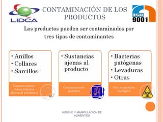 HIGIENE Y MANIPULACIÓN DE
ALIMENTOS
CONTAMINACIÓN DE LOS
PRODUCTOS
Los productos pueden ser contaminados por
tres tipos de contaminantes
 
