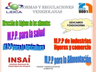 NORMAS Y REGULACIONES
VENEZOLANAS
SENCAMERSENCAMER
FONDONORMAFONDONORMA
HIGIENE Y MANIPULACIÓN DE
ALIMENTOS
 