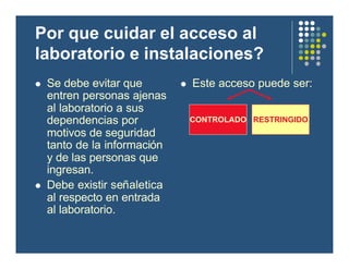 Por que cuidar el acceso al
laboratorio e instalaciones?
l Se debe evitar que
entren personas ajenas
al laboratorio a sus
dependencias por
motivos de seguridad
tanto de la información
y de las personas que
ingresan.
l Debe existir señaletica
al respecto en entrada
al laboratorio.
l Este acceso puede ser:
CONTROLADO RESTRINGIDO
 