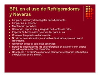 BPL en el uso de Refrigeradores
y Neveras
l Limpieza interior y descongelar periodicamente.
l Limpiar en su exterior.
l Mantención periodica.
l Ubicación, espcio libre y alegado de fuentes de calor.
l Esperar 24 horas antes de enchufar para su us.
l Controlar temperatura diariamente.
l No almacenar alimentos en aquellos destinados para uso en el
laboratorio.
l Identificar el uso al cual esta destinado.
l Boton de encendido de luz de preferencia en exterior y con puerta
de vidrio para observar contenido.
l Resistente a explosión cuando se almacene sustancias inflamables
o explosivas en su interior.
 