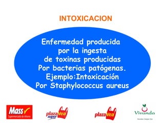 Enfermedad producida
por la ingesta
de toxinas producidas
Por bacterias patógenas.
Ejemplo:Intoxicación
Por Staphylococcus aureus
INTOXICACION
 
