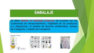 Se debe diseñar el embalaje protector de acuerdo con las
condiciones de almacenamiento, fragilidad de los productos
y/o dispositivos, el desafío de factores ambientales, tiempo
de transporte y medios de transporte.
 