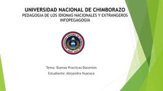 UNIVERSIDAD NACIONAL DE CHIMBORAZO
PEDAGOGIA DE LOS IDIOMAS NACIONALES Y EXTRANGEROS
INFOPEGAGOGIA
Tema: Buenas Practicas Docentes
Estudiante: Alejandra Huaraca
 