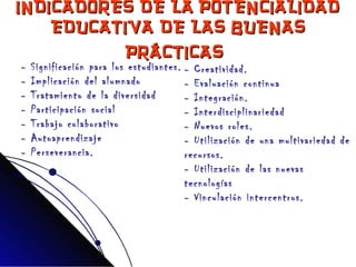 INDICADORES DE LA POTENCIALIDAD EDUCATIVA DE LAS BUENAS PRÁCTICAS   - Significación para los estudiantes.  - Implicación del alumnado - Tratamiento de la diversidad - Participación social - Trabajo colaborativo - Autoaprendizaje - Perseverancia.  - Creatividad.  - Evaluación continua - Integración.  - Interdisciplinariedad - Nuevos roles.  - Utilización de una multivariedad de recursos. - Utilización de las nuevas tecnologías - Vinculación intercentros. 