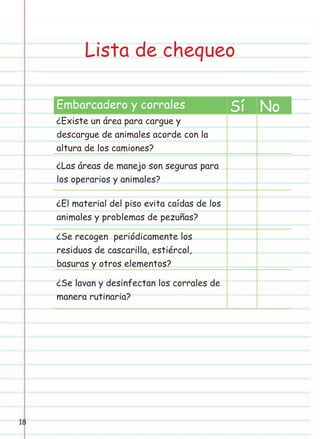 Lista de chequeo
Embarcadero y corrales
¿Existe un área para cargue y
descargue de animales acorde con la
altura de los camiones?
¿Las áreas de manejo son seguras para
los operarios y animales?
¿El material del piso evita caídas de los
animales y problemas de pezuñas?
¿Se recogen periódicamente los
residuos de cascarilla, estiércol,
basuras y otros elementos?
¿Se lavan y desinfectan los corrales de
manera rutinaria?

18

Sí No

 