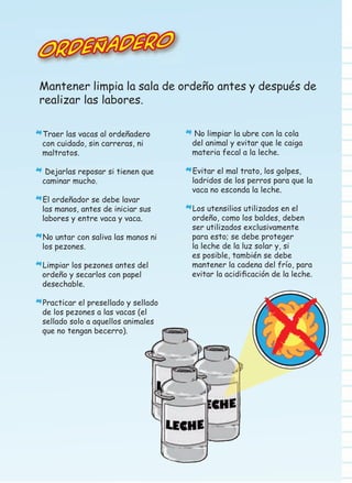 rdeñadero
O
Mantener limpia la sala de ordeño antes y después de
realizar las labores.
Traer las vacas al ordeñadero
con cuidado, sin carreras, ni
maltratos.

*

Dejarlas reposar si tienen que

*caminar mucho.

El ordeñador se debe lavar

*las manos, antes de iniciar sus
labores y entre vaca y vaca.

No untar con saliva las manos ni

*los pezones.

Limpiar los pezones antes del

*ordeño y secarlos con papel
desechable.

Practicar el presellado y sellado

*de los pezones a las vacas (el

sellado solo a aquellos animales
que no tengan becerro).

No limpiar la ubre con la cola
del animal y evitar que le caiga
materia fecal a la leche.

*

Evitar el mal trato, los golpes,

*ladridos de los perros para que la
vaca no esconda la leche.

Los utensilios utilizados en el

*ordeño, como los baldes, deben

ser utilizados exclusivamente
para esto; se debe proteger
la leche de la luz solar y, si
es posible, también se debe
mantener la cadena del frío, para
evitar la acidiﬁcación de la leche.

 