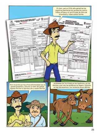 Sí claro, pero el ICA sólo garantiza los
registros sanitarios de vacunación contra
fiebre aftosa y el certificado de libre de
brucelosis y tuberculosis bovina

Pero recuerde que hay otras enfermedades que se
pueden presentar y afectar el resto del ganado;
algunas afectan la reproducción y causan abortos,

problemas de fertilidad en las hembras y en los
machos y por eso las preñeces no llegan a término,
no hay nacimientos o los terneros nacen débiles.

25

 