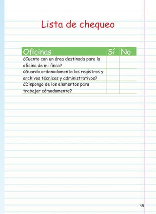 Lista de chequeo
Oﬁcinas

¿Cuento con un área destinada para la
oﬁcina de mi ﬁnca?
¿Guardo ordenadamente los registros y
archivos técnicos y administrativos?
¿Dispongo de los elementos para
trabajar cómodamente?

Sí No

45

 