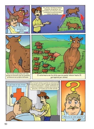 No, porque hacemos el manejo
integrado de parásitos, las
controlamos con rotación y un buen
tratamiento de potreros para
reducir los huevos

¿Y ya eliminó todas las
garrapatas de su
ganado?

Pero no las erradicamos del todo,
porque se necesita que los animales
produzcan sus propias defensas.

¿Y qué tiene en esa vitrina?

El veterinario me ha dicho que se puede tolerar hasta 15
garrapatas por animal.
Es el botiquín donde se guardan los medicamentos
veterinarios, mire cómo lo tenemos organizado por
clase de medicamento y, además, mantenemos un
control en el inventario, evitamos los errores en la
aplicación y verificamos que no estén vencidos

¿Pero no es como poquito?

50

 
