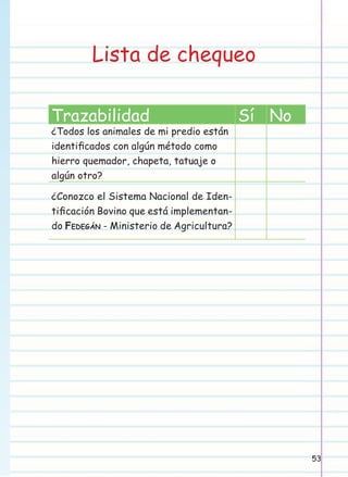 Lista de chequeo
Trazabilidad

¿Todos los animales de mi predio están
identiﬁcados con algún método como
hierro quemador, chapeta, tatuaje o
algún otro?

Sí No

¿Conozco el Sistema Nacional de Identiﬁcación Bovino que está implementando FEDEGÁN - Ministerio de Agricultura?

53

 