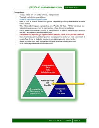 [GESTIÓN DEL CAMBIO ORGANIZACIONAL] 10 de octubre de 2012
M o d e l o d e R e f e r e n c i a Página 29
Puntos claves:
 Tiene que trabajar duro para cambiar con éxito a una organización.
 Visualice la arquitectura empresarial óptima.
 Cambie las Costumbres por Buenas Prácticas.
 Utilice los ciclos de Iniciación, Planificación, Ejecución, Seguimiento y Control y Cierre de Fases tal como si
fuera un proyecto.
 Utilice el Ciclo de Demming para mejora continua, con el Plan, Do, Act, Check – PDAC al final de cada fase y
vea las lecciones aprendidas y mejor las siguientes fases en base al conocimiento adquirido.
 Cuando planea cuidadosamente y construya un buen fundamento, la aplicación del cambio podrá ser mucho
más fácil, y se podrá mejorar las posibilidades de éxito.
 Si está demasiado impaciente, y si espera resultados demasiado pronto, es más probable que fracase.
 Crear un sentido de urgencia, contratar poderosos líderes de cambio, construir una visión y comunicarla de
manera eficaz, eliminar los obstáculos, crear triunfos a corto plazo, y construir sobre el cambio.
 Si usted hace estas cosas, puede ayudar a hacer del cambio parte de su cultura organizacional.
 Ahí es cuando se puede declarar una verdadera victoria.
 