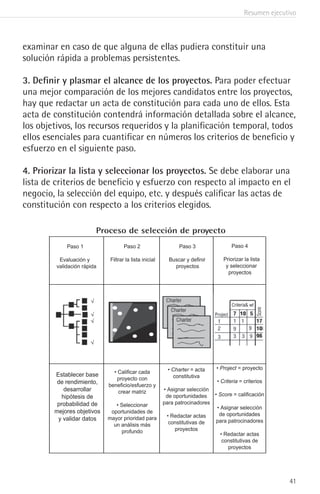 Resumen ejecutivo
41
examinar en caso de que alguna de ellas pudiera constituir una
solución rápida a problemas persistentes.
3. Definir y plasmar el alcance de los proyectos. Para poder efectuar
una mejor comparación de los mejores candidatos entre los proyectos,
hay que redactar un acta de constitución para cada uno de ellos. Esta
acta de constitución contendrá información detallada sobre el alcance,
los objetivos, los recursos requeridos y la planificación temporal, todos
ellos esenciales para cuantificar en números los criterios de beneficio y
esfuerzo en el siguiente paso.
4. Priorizar la lista y seleccionar los proyectos. Se debe elaborar una
lista de criterios de beneficio y esfuerzo con respecto al impacto en el
negocio, la selección del equipo, etc. y después calificar las actas de
constitución con respecto a los criterios elegidos.
Proceso de selección de proyecto
Paso 1
Evaluación y
validación rápida
Paso 2
Filtrar la lista inicial
Paso 3
Buscar y definir
proyectos
Paso 4
Priorizar la lista
y seleccionar
proyectos
Establecer base
de rendimiento,
desarrollar
hipótesis de
probabilidad de
mejores objetivos
y validar datos
• Calificar cada
proyecto con
beneficio/esfuerzo y
crear matriz
• Seleccionar
oportunidades de
mayor prioridad para
un análisis más
profundo
• Charter = acta
constitutiva
• Asignar selección
de oportunidades
para patrocinadores
• Redactar actas
constitutivas de
proyectos
• Project = proyecto
• Criteria = criterios
• Score = calificación
• Asignar selección
de oportunidades
para patrocinadores
• Redactar actas
constitutivas de
proyectos
 