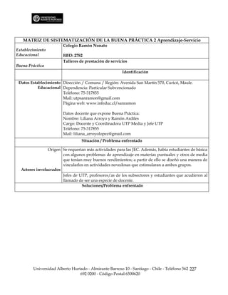 MATRIZ DE SISTEMATIZACIÓN DE LA BUENA PRÁCTICA 2 Aprendizaje-Servicio
                        Colegio Ramón Nonato
Establecimiento
Educacional             RBD: 2782
                        Talleres de prestación de servicios
Buena Práctica
                                                        Identificación

 Datos Establecimiento Dirección / Comuna / Región: Avenida San Martín 570, Curicó, Maule.
           Educacional Dependencia: Particular Subvencionado
                       Teléfono: 75-317855
                       Mail: utpsanramon@gmail.com
                       Página web: www.infeduc.cl/sanramon

                        Datos docente que expone Buena Práctica:
                        Nombre: Liliana Arroyo y Ramón Ardiles
                        Cargo: Docente y Coordinadora UTP Media y Jefe UTP
                        Teléfono: 75-317855
                        Mail: liliana_arroyolopez@gmail.com
                                  Situación / Problema enfrentado

                Origen Se requerían más actividades para las JEC. Además, había estudiantes de básica
                       con algunos problemas de aprendizaje en materias puntuales y otros de media
                       que tenían muy buenos rendimientos; a partir de ello se diseñó una manera de
                       vincularlos en actividades novedosas que estimularan a ambos grupos.
  Actores involucrados
                       Jefes de UTP, profesores/as de los subsectores y estudiantes que acudieron al
                       llamado de ser una especie de docente.
                                 Soluciones/Problema enfrentado




        Universidad Alberto Hurtado - Almirante Barroso 10 - Santiago - Chile - Teléfono 562 227
                                692 0200 - Código Postal 6500620
 