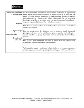 Resultados (esperados No hubo resultados inesperados. Se desarrolló un trabajo en equipo muy
      y no esperados) fuerte, los/as estudiantes disfrutaron de esta actividad y la realizaron con
                      ganas. Se pudo constatar desarrollo de conocimientos y habilidades sociales,
                      cambios cognitivos y formación en valores e identidad. Con ello aumentó el
                      interés por aprender en las clases, mejoró la relación profesor/a-estudiante y
                      se generó capacidad de autocrítica y afán de superación.
             Cambios
                        El trabajo en equipo se hace parte de la cultura institucional. Se instala el
                        aprendizaje-servicio.

         Aprendizajes Hay un compromiso del instituto con su entorno social, impulsado
                        principalmente por los/as estudiantes, quienes quedan motivados/as y
Replicabilidad          desean actualizar la guía y desarrollar nuevas actividades de aprendizaje-
                        servicio.
          Desafío en la
            actualidad Esta práctica tiene elementos ejes que la hacen replicable: planificación,
                        articulación, voluntad de innovar y seguimiento.


                        Volver a editar la guía y realizar un trabajo similar en otros ramos o con otros
                        enfoques: guía de artesanías, guía de gastronomía, guía hotelera de Chonchi.




        Universidad Alberto Hurtado - Almirante Barroso 10 - Santiago - Chile - Teléfono 562 238
                                692 0200 - Código Postal 6500620
 