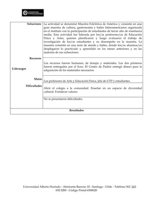 Soluciones La actividad se denominó Muestra Folclórica de América y consistió en una
                        gran muestra de cultura, gastronomía y bailes latinoamericanos organizada
                        en el instituto con la participación de estudiantes de tercer año de enseñanza
                        media. Esta actividad fue liderada por los/as profesores/as de Educación
                        Física y Artes, quienes planificaron y luego evaluaron el trabajo de
                        investigación de los/as estudiantes y su desempeño en la muestra. La
                        muestra consistió en una serie de stands y bailes, donde los/as alumnos/as
                        desplegaron lo practicado y aprendido en los meses anteriores y en las
                        materias de sus subsectores.

              Recursos
                          Los recursos fueron humanos, de tiempo y materiales. Los dos primeros
                          fueron entregados por el liceo. El Centro de Padres entregó dinero para la
Liderazgos
                          adquisición de los materiales necesarios.


                  Metas
                          Los profesores de Arte y Educación Física, Jefa de UTP y estudiantes.
         Dificultades
                          Abrir el colegio a la comunidad. Enseñar en un espacio de diversidad
                          cultural. Fortalecer valores.

                          No se presentaron dificultades.


                                              Resultados




       Universidad Alberto Hurtado - Almirante Barroso 10 - Santiago - Chile - Teléfono 562 243
                               692 0200 - Código Postal 6500620
 