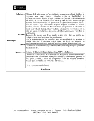 Soluciones Al inicio de la asignatura, los/as estudiantes generaron una lluvia de ideas de
                      proyectos que luego fueron evaluados según su factibilidad de
                      implementación en cuanto a tiempo, recursos y seguridad. Una vez definidos
                      los temas y el tipo de proyecto, se formaron grupos de cinco estudiantes que
                      hicieron un diagnóstico que fue aplicado en el lugar donde deseaban llevar a
                      cabo su acción. Luego visitaron los lugares (hogares o escuelas de escasos
                      recursos, aunque también han hecho trabajos con personas en situación de
                      calle) para validar el diagnóstico y elaborar un proyecto que consistió en un
                      plan de acción con objetivos, recursos, actividades, resultados y medios de
                      verificación.
             Recursos Tuvieron dos meses para llevar a cabo su proyecto y fue una acción que
                      realizaron una vez a la semana, durante la tarde.
                      Los/as estudiantes que no deseaban salir del establecimiento, durante el
Liderazgos            tiempo dedicado al proyecto podían optar por hacer un proyecto de
                      reforzamiento a alumnos/as menores o realizar labores de administración.
                Metas
                      Los recursos fueron humanos y de tiempo. Hicieron campañas para generar el
                      dinero necesario.

          Dificultades Profesor de Educación Tecnológica, Jefe de UTP y estudiantes.
                       Desarrollar la solidaridad en el estudiantado a través del trabajo directo con la
                       comunidad más desposeída, entregando saberes y capacidades propias de
                       cada joven. Además, a través del compromiso social del instituto, brindar el
                       espacio para compartir con otros en la adversidad.

                        No se presentaron dificultades.

                                             Resultados




        Universidad Alberto Hurtado - Almirante Barroso 10 - Santiago - Chile - Teléfono 562 246
                                692 0200 - Código Postal 6500620
 