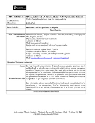 MATRIZ DE SISTEMATIZACIÓN DE LA BUENA PRÁCTICA 9 Aprendizaje-Servicio
                        Centro Agroalimentario de Negrete, Liceo Agrícola
Establecimiento
Educacional             RBD: 17643

Buena Práctica          Operativo sanitario ganadero de Negrete
                                                      Identificación

 Datos Establecimiento Dirección / Comuna / Región: Camino a Mulchén, Parcela 1 y 2 de Espiga de
           Educacional Oro, Negrete, Bío Bío.
                       Dependencia: Particular Subvencionado
                       Teléfono: 43-525431
                       Mail: liceo.negrete@sepade.cl
                       Página web: www.sepade.cl/colegios/ceanegrete.php

                        Datos docente que expone Buena Práctica:
                        Nombre: Sandra de la Parra, Víctor Jara
                        Cargo: Directora y Docente, Jefe de Especialidad Agrícola
                        Teléfono: 43-525431
                        Mail: Sandra.delaparra@sepade.cl, victor.jara@sepade.cl

Situación / Problema enfrentado

                Origen En Negrete existe una asociación de ganaderos que agrupa a quienes, a través
                       del Prodesal, se atienden para recibir asistencia técnica y mejorar su negocio
                       ganadero. Tras conocer a este grupo, hace siete años se inició un vínculo con
                       ellos para que los/as estudiantes de la especialidad de agropecuaria tuvieran
                       un espacio de aprendizaje y servicio. El problema principal que se detecta en
                       los ganaderos campesinos es la falta de un sistema de control productivo en
  Actores involucrados sus predios, lo que les genera pérdidas económicas.

                        Los principales actores fueron la Directora, los Jefes de especialidad, los/as
                        estudiantes y los campesinos. Los/as alumnos/as participaron como
                        asistentes técnicos en terreno, directamente en la actividad pero no en su
                        diseño.
                                  Soluciones/Problema enfrentado




        Universidad Alberto Hurtado - Almirante Barroso 10 - Santiago - Chile - Teléfono 562 248
                                692 0200 - Código Postal 6500620
 