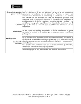 Resultados (esperados Los/as estudiantes, al ser los “expertos” de apoyo a los agricultores,
      y no esperados) aumentaron la confianza en sí mismos/as. Pusieron a prueba sus
                      conocimientos, desarrollaron la autocrítica y se vincularon de una manera
                      más cercana con sus profesores/as. Estos les entregaron apoyo en todo
                      momento, tanto en contenidos como en el área emocional, dado que al
                      comienzo muchos de los/as estudiantes sentían vergüenza y timidez y no
                      confiaban en sus propias capacidades. Esta situación fue cambiando con el
             Cambios respaldo del liceo y a medida que se establecieron relaciones con los
                      campesinos.

                      Se han producido cambios actitudinales en los/as estudiantes. La malla
         Aprendizajes curricular ha variado en la medida que se detectan nuevas necesidades
                      pedagógicas.

                       En los/as estudiantes se han instalado competencias de manera muy sólida. A
Replicabilidad
                       nivel de liceo es una práctica institucionalizada que ya es parte del proyecto
                       educativo y que genera una serie de beneficios pedagógicos y sociales en los/
         Desafío en la
           actualidad as estudiantes.
                       Esta práctica tiene elementos ejes que la hacen replicable: planificación,
                       articulación, voluntad de innovar y seguimiento.

                        Mantener y proyectar esta práctica hacia más usuarios del Prodesal.




        Universidad Alberto Hurtado - Almirante Barroso 10 - Santiago - Chile - Teléfono 562 250
                                692 0200 - Código Postal 6500620
 