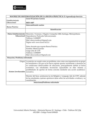 MATRIZ DE SISTEMATIZACIÓN DE LA BUENA PRÁCTICA 11 Aprendizaje-Servicio
                        Liceo N1 Javiera Carrera
Establecimiento
Educacional             RBD: 8487
                        Intercambiando sueños
Buena Práctica
                                                         Identificación

 Datos Establecimiento Dirección / Comuna / Región: Compañía 1484, Santiago, Metropolitana.
           Educacional Dependencia: Particular Subvencionado
                       Teléfono: 2-6968097
                       Mail: direcccionliceo1@gmail.com
                       Página web: www.liceo1.k12.cl

                        Datos docente que expone Buena Práctica:
                        Nombre: Marta Garrido
                        Cargo: Jefa de UTP
                        Teléfono: 2-6968097
                        Mail: direccionliceo1@gmail.com
Situación / Problema enfrentado

                Origen La práctica no surgió como un problema, sino como una inquietud de un grupo
                       de estudiantes a las que se les hacía urgente aportar socialmente a alumnos/as
                       en condiciones desfavorables de educación, principalmente debido al factor
                       económico. Las estudiantes reconocían capacidades en ellas mismas y
                       posibilidades de aportar de forma concreta mediante una acción académica–
  Actores involucrados recreativa.

                        Director del liceo, profesores/as de Religión y Lenguaje, Jefe de UTP, además
                        de las estudiantes, quienes aportaron ideas sobre las actividades a realizar y su
                        coordinación.
                                   Soluciones/Problema enfrentado




        Universidad Alberto Hurtado - Almirante Barroso 10 - Santiago - Chile - Teléfono 562 254
                                692 0200 - Código Postal 6500620
 
