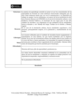 Soluciones La práctica de aprendizaje consistió en poner en uso los conocimientos de la
              especialidad de Forestal así como destrezas transversales entregadas por el
              liceo. Estas destrezas tenían que ver con la comunicación y la capacidad de
              trabajar en equipo. Los/as estudiantes, con apoyo de los/as profesores/as del
              liceo, hicieron alianzas con CONAMA en el caso de la forestación urbana y con
              bomberos, Forestal Valdivia y el municipio de Los Lagos para el caso del
              combate de incendios. Las asignaturas en que trabajaron los/as estudiantes
              fueron evaluadas y son: Manejo del fuego, Trabajo con la familia y Manejo
              vegetal.
              En el caso de la forestación urbana, los/as estudiantes capacitaron a las
     Recursos personas, principalmente mujeres, en la plantación y mantenimiento de los
              árboles.

              Los recursos utilizados para el combate de incendios fueron equipamiento y
              capacitadores en esta materia, los que fueron facilitados por la empresa
   Liderazgos
              forestal. En el caso de la forestación urbana, los árboles nativos eran criados en
              el vivero del liceo y fueron aportados a la comunidad. Se requirió de tiempo y
              personas para coordinar y hacer seguimiento de las actividades. Además, hubo
        Metas
              costos de transporte que fueron asumidos por el municipio.
  Dificultades

                 Directora del Liceo, Jefe de especialidad y profesores/as.

                 Las metas fueron desarrollar conciencia ambiental en la comunidad con el
                 apoyo de los/as estudiantes y estimular un espíritu de trabajo proactivo con
                 capacidad de emprender, responsabilidad y conciencia social.

                 No se presentaron dificultades.


                                      Resultados




Universidad Alberto Hurtado - Almirante Barroso 10 - Santiago - Chile - Teléfono 562 261
                        692 0200 - Código Postal 6500620
 
