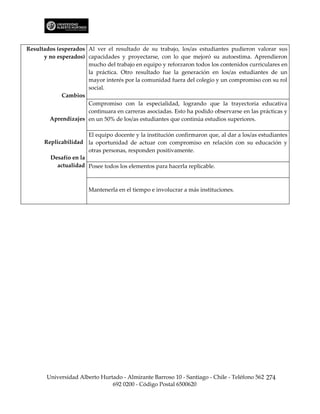 Resultados (esperados Al ver el resultado de su trabajo, los/as estudiantes pudieron valorar sus
      y no esperados) capacidades y proyectarse, con lo que mejoró su autoestima. Aprendieron
                      mucho del trabajo en equipo y reforzaron todos los contenidos curriculares en
                      la práctica. Otro resultado fue la generación en los/as estudiantes de un
                      mayor interés por la comunidad fuera del colegio y un compromiso con su rol
                      social.
             Cambios
                      Compromiso con la especialidad, logrando que la trayectoria educativa
                      continuara en carreras asociadas. Esto ha podido observarse en las prácticas y
        Aprendizajes en un 50% de los/as estudiantes que continúa estudios superiores.

                      El equipo docente y la institución confirmaron que, al dar a los/as estudiantes
      Replicabilidad la oportunidad de actuar con compromiso en relación con su educación y
                      otras personas, responden positivamente.
        Desafío en la
          actualidad Posee todos los elementos para hacerla replicable.



                       Mantenerla en el tiempo e involucrar a más instituciones.




       Universidad Alberto Hurtado - Almirante Barroso 10 - Santiago - Chile - Teléfono 562 274
                               692 0200 - Código Postal 6500620
 