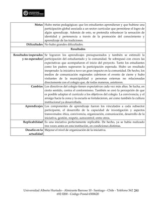 Metas Hubo metas pedagógicas: que los estudiantes aprendieran y que hubiese una
                       participación global asociada a un sector curricular que permitiese el logro de
                       algún aprendizaje. Además de esto, se pretendía robustecer la sensación de
                       identidad y pertenencia a través de la promoción del conocimiento y
                       aprendizaje de las tradiciones.
          Dificultades No hubo grandes dificultades.
                                             Resultados

Resultados (esperados Se lograron los aprendizajes presupuestados y también se estimuló la
      y no esperados) participación del estudiantado y la comunidad. Se sobrepasó con creces las
                       expectativas que acompañaron el inicio del proyecto. Tanto los estudiantes
                       como los padres superaron la participación esperada. Hubo un resultado
                       inesperado: la iniciativa tuvo un gran impacto en la comunidad. De hecho, los
                       medios de comunicación regionales cubrieron el evento de cierre y hubo
                       visitantes de la municipalidad y personas externas no relacionadas
                       directamente con el colegio que, de todas maneras, asistieron.
             Cambios Los directivos del colegio tienen expectativas cada vez más altas. Se lucha, en
                       cierto sentido, contra el conformismo. También se creó la percepción de que
                       es posible adaptar el currículo a los objetivos del colegio. La convivencia, y el
                       arraigo hacia la zona y la escuela se fortalecieron, así como también la cultura
                       institucional ya desarrollada.
        Aprendizajes Los componentes de aprendizaje fueron los vinculados a cada subsector
                       participante, el desarrollo de la capacidad de investigación y aspectos
                       transversales: ética, convivencia, organización, comunicación, desarrollo de la
                       iniciativa, gestión, respeto, autocontrol, entre otros.
       Replicabilidad Es una iniciativa perfectamente replicable. De hecho, ya se había realizado
                       tres veces antes en esta institución, en condiciones distintas.
         Desafío en la Mejorar el nivel de organización de la iniciativa.
           actualidad




        Universidad Alberto Hurtado - Almirante Barroso 10 - Santiago - Chile - Teléfono 562 280
                                692 0200 - Código Postal 6500620
 
