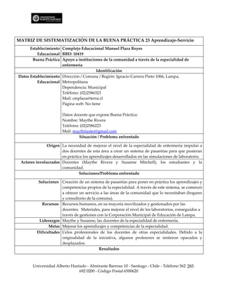 MATRIZ DE SISTEMATIZACIÓN DE LA BUENA PRÁCTICA 23 Aprendizaje-Servicio
      Establecimiento Complejo Educacional Manuel Plaza Reyes
          Educacional RBD: 10419
       Buena Práctica Apoyo a instituciones de la comunidad a través de la especialidad de
                      enfermería
                                         Identificación
Datos Establecimiento Dirección / Comuna / Región: Ignacio Carrera Pinto 1066, Lampa,
          Educacional Metropolitana
                      Dependencia: Municipal
                      Teléfono: (02)2586323
                      Mail: cmplaza@terra.cl
                      Página web: No tiene

                       Datos docente que expone Buena Práctica:
                       Nombre: Maythe Rivera
                       Teléfono: (02)2586223
                       Mail: maythitaster@gmail.com
                                Situación / Problema enfrentado

               Origen La necesidad de mejorar el nivel de la especialidad de enfermería impulsó a
                      dos docentes de esta área a crear un sistema de pasantías para que pusieran
                      en práctica los aprendizajes desarrollados en las simulaciones de laboratorio.
 Actores involucrados Docentes (Maythe Rivera y Susanne Mitchell), los estudiantes y la
                      comunidad.
                                Soluciones/Problema enfrentado

         Soluciones Creación de un sistema de pasantías para poner en práctica los aprendizajes y
                      competencias propios de la especialidad. A través de este sistema, se comenzó
                      a ofrecer un servicio a las áreas de la comunidad que lo necesitaban (hogares
                      y consultorio de la comuna).
           Recursos Recursos humanos, en su mayoría movilizados y gestionados por las
                      docentes. Materiales, para mejorar el nivel de los laboratorios, conseguidos a
                      través de gestiones con la Corporación Municipal de Educación de Lampa.
          Liderazgos Maythe y Susanne, las docentes de la especialidad de enfermería.
               Metas Mejorar los aprendizajes y competencias de la especialidad.
         Dificultades Celos profesionales de los docentes de otras especialidades. Debido a la
                      originalidad de la iniciativa, algunos profesores se sintieron opacados y
                      desplazados.
                                           Resultados



       Universidad Alberto Hurtado - Almirante Barroso 10 - Santiago - Chile - Teléfono 562 285
                               692 0200 - Código Postal 6500620
 