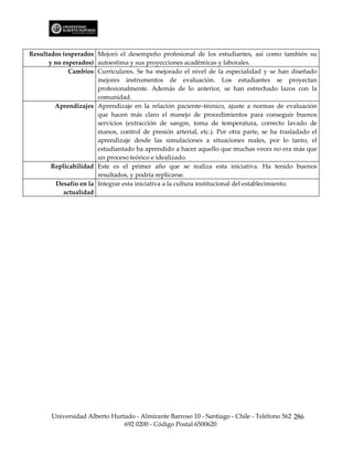 Resultados (esperados Mejoró el desempeño profesional de los estudiantes, así como también su
      y no esperados) autoestima y sus proyecciones académicas y laborales.
             Cambios Curriculares. Se ha mejorado el nivel de la especialidad y se han diseñado
                       mejores instrumentos de evaluación. Los estudiantes se proyectan
                       profesionalmente. Además de lo anterior, se han estrechado lazos con la
                       comunidad.
        Aprendizajes Aprendizaje en la relación paciente–técnico, ajuste a normas de evaluación
                       que hacen más claro el manejo de procedimientos para conseguir buenos
                       servicios (extracción de sangre, toma de temperatura, correcto lavado de
                       manos, control de presión arterial, etc.). Por otra parte, se ha trasladado el
                       aprendizaje desde las simulaciones a situaciones reales, por lo tanto, el
                       estudiantado ha aprendido a hacer aquello que muchas veces no era más que
                       un proceso teórico e idealizado.
       Replicabilidad Este es el primer año que se realiza esta iniciativa. Ha tenido buenos
                       resultados, y podría replicarse.
         Desafío en la Integrar esta iniciativa a la cultura institucional del establecimiento.
           actualidad




       Universidad Alberto Hurtado - Almirante Barroso 10 - Santiago - Chile - Teléfono 562 286
                               692 0200 - Código Postal 6500620
 