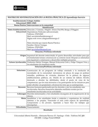 MATRIZ DE SISTEMATIZACIÓN DE LA BUENA PRÁCTICA 25 Aprendizaje-Servicio
      Establecimiento Colegio Antilén
          Educacional RBD: 15601
       Buena Práctica Intervenciones en la comunidad
                                          Identificación
Datos Establecimiento Dirección / Comuna / Región: Arturo Prat 856, Rengo, O’Higgins
          Educacional Dependencia: Particular subvencionado
                      Teléfono: (72)512269
                      Mail: sercretaria@antilenrengo.cl
                      Página web: www.colegioantilenrengo.cl

                       Datos docente que expone Buena Práctica:
                       Nombre: Héctor Venegas
                       Teléfono: (72)512269
                       Mail: hevenehas@hotmail.com
                                 Situación / Problema enfrentado

               Origen Inquietud del docente entrevistado: él quería desarrollar actividades para que
                      el estudiantado tomase conciencia de su contexto social. Después se sistematizó
                      esta inquietud y comenzaron a desarrollar múltiples proyectos.
 Actores involucrados Profesores Héctor Venegas, Manuel Echeverría Celis y Felipe Vásquez Vera; y
                      los estudiantes de enseñanza media.
                                Soluciones/Problema enfrentado

         Soluciones Construcción de un programa de trabajo orientado a la resolución de
                      necesidades de la comunidad: inexistencia de plazas de juego en jardines
                      infantiles, problemas de vivienda, deterioro de la pintura de algunos
                      establecimientos públicos, etc. Diseño de un sistema de talleres ACLES,
                      destinado a abordar las debilidades, desde el punto de vista de las
                      competencias, que les eran necesarias a los participantes de las iniciativas para
                      poder abordar con propiedad y eficiencia los retos que se autoimponían.
           Recursos Recursos humanos gestionados por los docentes y por los estudiantes más
                      involucrados. Recursos financieros obtenidos mediante eventos por los
                      estudiantes involucrados en las actividades.
          Liderazgos Docentes mencionados y tres estudiantes encargados de la organización de las
                      labores.
               Metas Sensibilizar a los estudiantes frente a contextos y experiencias de realidad
                      distintas a las propias. Trascender el aula como espacio de aprendizaje.
                      Comprometer a los jóvenes. Aprender a hacer bien los trabajos que
                      desempeñan.
         Dificultades Financiamiento.
                                            Resultados


       Universidad Alberto Hurtado - Almirante Barroso 10 - Santiago - Chile - Teléfono 562 289
                               692 0200 - Código Postal 6500620
 