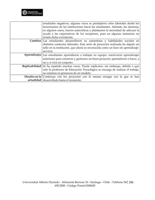 resultados negativos, algunas veces se produjeron celos laborales desde los
                 funcionarios de las instituciones hacia las estudiantes. Además, las alumnas,
                 en algunos casos, fueron autocríticas y plantearon la necesidad de adecuar la
                 ayuda a las expectativas de los receptores, pues en algunas instancias no
                 existía dicha correlación.
     Cambios     Las estudiantes desarrollaron su autoestima y habilidades sociales en
                 distintos contextos laborales. Esta serie de proyectos realizada ha dejado un
                 sello en la institución, que ahora es reconocida como un liceo de aprendizaje-
                 servicio.
 Aprendizajes    Las estudiantes aprendieron a trabajar en equipo; reactivaron aprendizajes
                 anteriores para construir y gestionar un buen proyecto; aprendieron a hacer, a
                 ser y a vivir en conjunto.
Replicabilidad   Se ha repetido muchas veces. Puede replicarse, sin embargo, debido a que
                 solo la profesora de Educación Tecnológica se encarga de realizar el trabajo,
                 no estamos en presencia de un modelo.
 Desafío en la   Continuar con los proyectos con la misma energía con la que se han
   actualidad    desarrollado hasta el momento.




Universidad Alberto Hurtado - Almirante Barroso 10 - Santiago - Chile - Teléfono 562 296
                        692 0200 - Código Postal 6500620
 