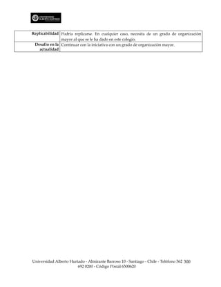 Replicabilidad Podría replicarse. En cualquier caso, necesita de un grado de organización
               mayor al que se le ha dado en este colegio.
 Desafío en la Continuar con la iniciativa con un grado de organización mayor.
    actualidad




Universidad Alberto Hurtado - Almirante Barroso 10 - Santiago - Chile - Teléfono 562 300
                        692 0200 - Código Postal 6500620
 