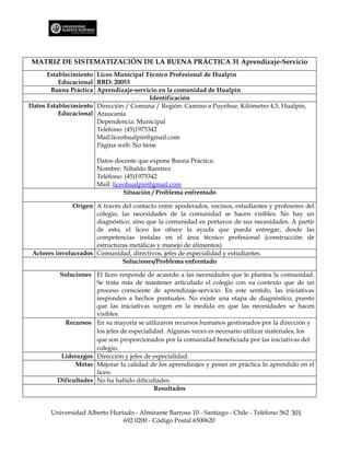 MATRIZ DE SISTEMATIZACIÓN DE LA BUENA PRÁCTICA 31 Aprendizaje-Servicio
      Establecimiento Liceo Municipal Técnico Profesional de Hualpín
          Educacional RBD: 20053
       Buena Práctica Aprendizaje-servicio en la comunidad de Hualpín
                                         Identificación
Datos Establecimiento Dirección / Comuna / Región: Camino a Puyehue, Kilómetro 4,5, Hualpín,
          Educacional Araucanía
                      Dependencia: Municipal
                      Teléfono: (45)1975342
                      Mail:liceohualpin@gmail.com
                      Página web: No tiene

                       Datos docente que expone Buena Práctica:
                       Nombre: Nibaldo Ramírez
                       Teléfono: (45)1975342
                       Mail: liceohualpin@gmail.com
                                 Situación / Problema enfrentado

               Origen A través del contacto entre apoderados, vecinos, estudiantes y profesores del
                      colegio, las necesidades de la comunidad se hacen visibles. No hay un
                      diagnóstico, sino que la comunidad es portavoz de sus necesidades. A partir
                      de esto, el liceo les ofrece la ayuda que pueda entregar, desde las
                      competencias instalas en el área técnico profesional (construcción de
                      estructuras metálicas y manejo de alimentos).
 Actores involucrados Comunidad, directivos, jefes de especialidad y estudiantes.
                               Soluciones/Problema enfrentado

         Soluciones El liceo responde de acuerdo a las necesidades que le plantea la comunidad.
                      Se trata más de mantener articulado el colegio con su contexto que de un
                      proceso consciente de aprendizaje-servicio. En este sentido, las iniciativas
                      responden a hechos puntuales. No existe una etapa de diagnóstico, puesto
                      que las iniciativas surgen en la medida en que las necesidades se hacen
                      visibles.
           Recursos En su mayoría se utilizaron recursos humanos gestionados por la dirección y
                      los jefes de especialidad. Algunas veces es necesario utilizar materiales, los
                      que son proporcionados por la comunidad beneficiada por las iniciativas del
                      colegio.
          Liderazgos Dirección y jefes de especialidad.
               Metas Mejorar la calidad de los aprendizajes y poner en práctica lo aprendido en el
                      liceo.
         Dificultades No ha habido dificultades.
                                            Resultados


       Universidad Alberto Hurtado - Almirante Barroso 10 - Santiago - Chile - Teléfono 562 301
                               692 0200 - Código Postal 6500620
 