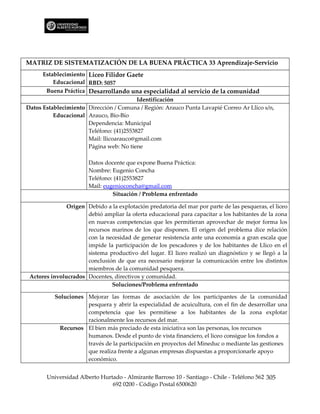 MATRIZ DE SISTEMATIZACIÓN DE LA BUENA PRÁCTICA 33 Aprendizaje-Servicio
      Establecimiento Liceo Filidor Gaete
          Educacional RBD: 5057
       Buena Práctica Desarrollando una especialidad al servicio de la comunidad
                                         Identificación
Datos Establecimiento Dirección / Comuna / Región: Arauco Punta Lavapié Correo Ar Llico s/n,
          Educacional Arauco, Bío-Bío
                      Dependencia: Municipal
                      Teléfono: (41)2553827
                      Mail: llicoarauco@gmail.com
                      Página web: No tiene

                       Datos docente que expone Buena Práctica:
                       Nombre: Eugenio Concha
                       Teléfono: (41)2553827
                       Mail: eugenioconcha@gmail.com
                                Situación / Problema enfrentado

               Origen Debido a la explotación predatoria del mar por parte de las pesqueras, el liceo
                      debió ampliar la oferta educacional para capacitar a los habitantes de la zona
                      en nuevas competencias que les permitieran aprovechar de mejor forma los
                      recursos marinos de los que disponen. El origen del problema dice relación
                      con la necesidad de generar resistencia ante una economía a gran escala que
                      impide la participación de los pescadores y de los habitantes de Llico en el
                      sistema productivo del lugar. El liceo realizó un diagnóstico y se llegó a la
                      conclusión de que era necesario mejorar la comunicación entre los distintos
                      miembros de la comunidad pesquera.
 Actores involucrados Docentes, directivos y comunidad.
                               Soluciones/Problema enfrentado

          Soluciones Mejorar las formas de asociación de los participantes de la comunidad
                     pesquera y abrir la especialidad de acuicultura, con el fin de desarrollar una
                     competencia que les permitiese a los habitantes de la zona explotar
                     racionalmente los recursos del mar.
            Recursos El bien más preciado de esta iniciativa son las personas, los recursos
                     humanos. Desde el punto de vista financiero, el liceo consigue los fondos a
                     través de la participación en proyectos del Mineduc o mediante las gestiones
                     que realiza frente a algunas empresas dispuestas a proporcionarle apoyo
                     económico.


       Universidad Alberto Hurtado - Almirante Barroso 10 - Santiago - Chile - Teléfono 562 305
                               692 0200 - Código Postal 6500620
 