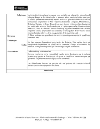 Soluciones La inclusión intercultural comenzó con un taller de educación intercultural
                        bilingüe. Luego se decidió abordar el tema no sólo a través del taller, sino que
                        la cultura pewenche fuera el eje de una actividad que involucrara a todos los
                        subsectores: se planificó el We Tripantu abordando Lenguaje, Matemáticas,
                        Religión, Ciencias y Artes. Durante un mes los/as profesores/as abordaron
                        sus materiales a través de elementos de la cultura pewenche. En ese mismo
                        mes cada curso se convertía en una familia y organizó la celebración del We
                        Tripantu. En ésta preparaban una comida y se encargaban de involucrar a sus
                        propias familias a través de la recuperación de la memoria oral.
Recursos                El 24 de junio es una gran fiesta de reconocimiento para compartir y celebrar
                        un nuevo año.
Liderazgos
                        No hay recursos financieros importantes de destacar. Este trabajo tiene un
                  Metas componente importante de planificación conjunta y luego, al momento de
                        celebrar, se requieren aportes que son entregados por las familias.

Dificultades              La Dirección y profesores/as.
                          Generar conciencia en la comunidad escolar sobre la riqueza de la cultura
                          pewenche y que no se debe juzgar a la gente ni considerar los estereotipos, ya
                          que todas las personas tienen capacidades ilimitadas.

                          Las dificultades fueron las propias de un proceso de cambio cultural
                          institucional: tomó tiempo en instalarse.

                                              Resultados




        Universidad Alberto Hurtado - Almirante Barroso 10 - Santiago - Chile - Teléfono 562 318
                                692 0200 - Código Postal 6500620
 