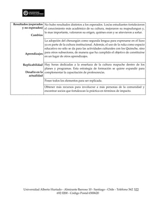 Resultados (esperados No hubo resultados distintos a los esperados. Los/as estudiantes fortalecieron
      y no esperados) el conocimiento más académico de su cultura, mejoraron su mapudungun y,
                      lo mas importante, valoraron su origen, quiénes eran y se atrevieron a soñar.
             Cambios
                     La adopción del chesungún como segunda lengua para expresarse en el liceo
                     ya es parte de la cultura institucional. Además, el uso de la ruka como espacio
                     educativo no sólo se da para las actividades culturales con los Quimche, sino
        Aprendizajes para otros subsectores, de manera que ha cumplido el objetivo de constituirse
                     en un lugar de otros aprendizajes.

       Replicabilidad Hay horas dedicadas a la enseñaza de la cultura mapuche dentro de los
                      planes y programas. Esta estrategia de formación se quiere expandir para
        Desafío en la complementar la capacitación de profesores/as.
           actualidad
                       Posee todos los elementos para ser replicada.

                       Obtener más recursos para involucrar a más personas de la comunidad y
                       encontrar socios que fortalezcan la práctica en términos de impacto.




       Universidad Alberto Hurtado - Almirante Barroso 10 - Santiago - Chile - Teléfono 562 322
                               692 0200 - Código Postal 6500620
 