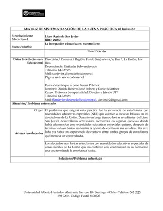 MATRIZ DE SISTEMATIZACIÓN DE LA BUENA PRÁCTICA 40 Inclusión

Establecimiento         Liceo Agrícola San Javier
Educacional             RBD: 22062
                        La integración educativa en nuestro liceo
Buena Práctica
                                                        Identificación

 Datos Establecimiento Dirección / Comuna / Región: Fundo San Javier s/n, Km. 1, La Unión, Los
           Educacional Ríos.
                       Dependencia: Particular Subvencionado
                       Teléfono: 64-323585
                       Mail: sanjavier.docencia@codesser.cl
                       Página web: www.codesser.cl

                        Datos docente que expone Buena Práctica:
                        Nombre: Daniela Roberts, José Poblete y Daniel Martínez
                        Cargo: Profesora de especialidad, Director y Jefe de UTP
                        Teléfono: 64-323585
                        Mail: Sanjavier.docencia@codesser.cl, davimar22@gmail.com
Situación / Problema enfrentado

                Origen El problema que originó esta práctica fue la existencia de estudiantes con
                       necesidades educativas especiales (NEE) que asistían a escuelas básicas en los
                       alrededores de La Unión. Durante un largo tiempo los/as estudiantes del Liceo
                       San Javier desarrollaron actividades recreativas en algunas escuelas donde
                       había alumnos/as con necesidades educativas especiales quienes, después de
                       terminar octavo básico, no tenían la opción de continuar sus estudios. Por otro
  Actores involucrados lado, ya había una experiencia de contacto entre ambos grupos de estudiantes
                       que merecía ser aprovechada.

                        Los afectados eran los/as estudiantes con necesidades educativas especiales de
                        zonas rurales de La Unión que no contaban con continuidad en su formación
                        una vez terminada la enseñanza básica.

                                  Soluciones/Problema enfrentado




        Universidad Alberto Hurtado - Almirante Barroso 10 - Santiago - Chile - Teléfono 562 323
                                692 0200 - Código Postal 6500620
 