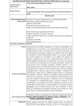 MATRIZ DE SISTEMATIZACIÓN DE LA BUENA PRÁCTICA 42 Inclusión
                        Liceo Intercultural Bilingüe de Ralco
Establecimiento
Educacional
                        RBD: 18037

Buena Práctica
                        La interculturalidad como eje transversal de la educación media en
                        Ralco
                                                  Identificación

 Datos Establecimiento Dirección / Comuna / Región: Ralco s/n, Alto Bío Bío, Bío Bío.
           Educacional Dependencia: Particular Subvencionado
                       Teléfono: 043-971920
                       Mail: german.cisternas@yahoo.com
                       Página web: http://liceoralco.byethost15.com/pewen/index.php

                        Datos docente que expone Buena Práctica:
                        Nombre: Paula Jara y Germán Cisternas
                        Cargo: Educadora diferencial, encargada del proyecto de integración
                        y Director
                        Teléfono: 043-971920
                        Mail: paujara@udec.cl
Situación / Problema enfrentado

                Origen Las prácticas de inclusión instaladas en el liceo no respondían a un
                       problema sino a un contexto y a un emplazamiento particular de este
                       establecimiento. El liceo se encuentra en un territorio pewenche que
                       ha sido sujeto de profundos cambios en los últimos diez años, luego
                       de instalarse la Central Hidroeléctrica Ralco. Una enorme cantidad
                       de recursos llegaron a la localidad con el objetivo de mitigar los
                       impactos negativos de esta nueva megaconstrucción. Uno de los
                       aportes gubernamentales fue la construcción de un liceo e internado
                       que atendiera las necesidades de los jóvenes pewenche. Muchos de
                       estos jóvenes viven en lugares apartados, cordillera adentro, y son
                       los/as primeros/as en tener educación formal en la familia y terminar
                       estudios básicos y medios. En este contexto se hizo necesario adoptar
                       estrategias que se hicieran cargo de esta realidad y enriquecieran
                       aprendizajes a partir de una realidad indígena diversa y compuesta
  Actores involucrados
                       de tradiciones e historia. Además, se buscaba entregar elementos que
                       reforzaran la autoestima de los/as estudiantes, tan mermada por el
                       cruce de variables socioculturales y económicas. Esto se manifestaba
                       en estudiantes con rendimientos bajos y nada de confianza en sus
                       capacidades. Los afectados eran los/as estudiantes pewenche, cuyas
                       posibilidades de desarrollo se veían limitadas de no tomarse acciones
                       pedagógicas que revirtieran procesos por años instalados y, sobre
                       todo, que estimularan capacidades dormidas que pusieran en valor
                       todo el acervo cultural que estaba en de los individuos.

                       Facilitador cultural, Coordinadora de Educación Diferencial, Jefe de
  Universidad Alberto Hurtado - Almirante Barroso 10 - Santiago - Chile -las familias. 330
                       UTP, Director y estudiantes. De manera puntual, Teléfono 562
                          692 0200 - Código Postal enfrentado
                             Soluciones/Problema 6500620

           Soluciones Como medida transversal se decidió siempre tener en cuenta la
                      flexibilidad de las prácticas educativas. Si bien el liceo se rige por los
 