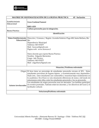 MATRIZ DE SISTEMATIZACIÓN DE LA BUENA PRÁCTICA                              43 Inclusión

Establecimiento         Liceo Cardenal Samoré
Educacional
                        RBD: 4353
                        Cultura pewenche para la integración.
Buena Práctica
                                                        Identificación

 Datos Establecimiento Dirección / Comuna / Región: Avenida Federico Puga 400, Santa Bárbara, Bío
           Educacional Bío
                       Dependencia: Municipal
                       Teléfono: 043-533277
                       Mail: liceocas@gmail.com
                       Página web: www.liceocas.cl

                        Datos docente que expone Buena Práctica:
                        Nombre: Edgardo Barrientos
                        Cargo: Jefe Técnico
                        Teléfono: 043-533277
                        Mail: edgarbarry@gmail.com

                                                            Situación / Problema enfrentado

                Origen El liceo tiene un porcentaje de estudiantes pewenche cercano al 30%. Estos
                       estudiantes provienen de lugares lejanos y económicamente muy deprimidos.
                       Dado esto, estos estudiantes son vulnerables y muestran bajos rendimientos en
                       lo académico. En el liceo se veía claramente diferencias de notas y del modo de
                       relacionarse entre ellos, entre los estudiantes pewenche y los no pewenche.
                       Los estudiantes de origen pewenche eran los afectados. Las familias participan
  Actores involucrados en eventos puntuales. Además están los docentes, y los directivos del Liceo y el
                       facilitador cultural.

                                       Soluciones/Problema enfrentado




        Universidad Alberto Hurtado - Almirante Barroso 10 - Santiago - Chile - Teléfono 562 332
                                692 0200 - Código Postal 6500620
 