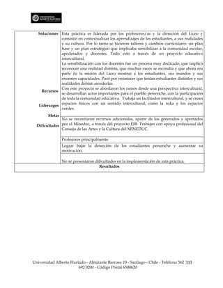 Soluciones Esta práctica es liderada por los profesores/as y la dirección del Liceo y
              consistió en contextualizar los aprendizajes de los estudiantes, a sus realidades
              y su cultura. Por lo tanto se hicieron talleres y cambios curriculares: un plan
              base y un plan estratégico que implicaba sensibilizar a la comunidad escolar,
              apoderados y docentes. Todo esto a través de un proyecto educativo
              intercultural.
              La sensibilización con los docentes fue un proceso muy dedicado, que implicó
              reconocer una realidad distinta, que muchas veces se escondía y que ahora era
              parte de la misión del Liceo mostrar a los estudiantes, sus mundos y sus
              enormes capacidades. Pasó por reconocer que tenían estudiantes distintos y sus
              realidades debían atenderlas.
              Con este proyecto se abordaron los ramos desde una perspectiva intercultural,
     Recursos
              se desarrollan actos importantes para el pueblo pewenche, con la participación
              de toda la comunidad educativa. Trabaja un facilitador intercultural, y se crean
              espacios físicos con un sentido intercultural, como la ruka y los espacios
   Liderazgos
              verdes.
        Metas
               No se necesitaron recursos adicionales, aparte de los generados y aportados
  Dificultades por el Mineduc, a través del proyecto EIB. Trabajan con apoyo profesional del
               Consejo de las Artes y la Cultura del MINEDUC.

                Profesores principalmente
                Lograr bajar la deserción de los estudiantes pewenche y aumentar su
                motivación.

                No se presentaron dificultades en la implementación de esta práctica.
                                    Resultados




Universidad Alberto Hurtado - Almirante Barroso 10 - Santiago - Chile - Teléfono 562 333
                        692 0200 - Código Postal 6500620
 