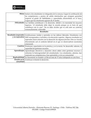 Metas Incluir a los estudiantes no integrados de la comuna. Lograr la certificación de
                      las competencias y puntos de salida intermedios que otorguen garantías
                      respecto al grado de habilidades y capacidades desarrollado en el liceo.
                      Lograr que los estudiantes egresen de 4º medio.
         Dificultades Las familias contribuyen a la deserción, debido a la necesidad de mayores
                      ingresos: “el estudiante debe dejar la escuela porque ya es hora de que
                      contribuya con la casa”. No se debe olvidar que se está ante un contexto
                      extremadamente vulnerable
                                           Resultados

Resultados (esperados Certificaciones totales y parciales en los talleres laborales. Estudiantes con
      y no esperados) NEE incorporados e incluidos a la educación superior. Algunos resultados no
                       esperados dicen relación con la deserción de algunos jóvenes. Esto se vincula
                       directamente con el contexto laboral en el que se desenvuelven (economía
                       estacional).
             Cambios Profesores capacitados en la práctica y en la teoría. Se desarrolló, además, la
                       capacidad de gestionar recursos.
        Aprendizajes Aprendizajes directivos y docentes: ahora saben cómo gestionar recursos y
                       enfrentar la heterogeneidad del estudiantado. Los estudiantes, además, han
                       mejorado sus competencias y han aprendido a vivir en comunidad,
       Replicabilidad Es claramente un modelo: ya llevan más de 17 años trabajando en esta línea.
         Desafío en la Continuar evitando la deserción.
           actualidad




       Universidad Alberto Hurtado - Almirante Barroso 10 - Santiago - Chile - Teléfono 562 336
                               692 0200 - Código Postal 6500620
 