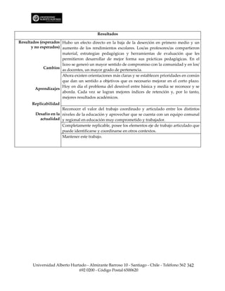 Resultados

Resultados (esperados Hubo un efecto directo en la baja de la deserción en primero medio y un
      y no esperados) aumento de los rendimientos escolares. Los/as profesores/as compartieron
                      material, estrategias pedagógicas y herramientas de evaluación que les
                      permitieron desarrollar de mejor forma sus prácticas pedagógicas. En el
                      liceo se generó un mayor sentido de compromiso con la comunidad y en los/
             Cambios as docentes, un mayor grado de pertenencia.
                      Ahora existen orientaciones más claras y se establecen prioridades en común
                      que dan un sentido a objetivos que es necesario mejorar en el corto plazo.
                      Hoy en día el problema del desnivel entre básica y media se reconoce y se
        Aprendizajes
                      aborda. Cada vez se logran mejores índices de retención y, por lo tanto,
                      mejores resultados académicos.
       Replicabilidad
                       Reconocer el valor del trabajo coordinado y articulado entre los distintos
         Desafío en la niveles de la educación y aprovechar que se cuenta con un equipo comunal
           actualidad y regional en educación muy comprometido y trabajador.
                       Completamente replicable, posee los elementos eje de trabajo articulado que
                       puede identificarse y coordinarse en otros contextos.
                       Mantener este trabajo.




       Universidad Alberto Hurtado - Almirante Barroso 10 - Santiago - Chile - Teléfono 562 342
                               692 0200 - Código Postal 6500620
 
