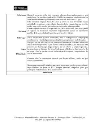 Soluciones Hasta el momento no ha sido necesario adaptar el curriculum, pero es una
              posibilidad. Se planificó desde el PADEM la captación de estudiantes de los
              doce establecimientos que cuentan con educación básica en La Ligua.
              Esta iniciativa empezó hace dos años y ahora se está revisando cuáles
              actividades y acciones emprendidas durante el año pasado hay que repetir,
              cuáles no y cuáles son las que deben ser mejoradas o incorporadas.
              Con el objetivo de tener la trayectoria del/de la estudiante y un buen perfil
     Recursos de egreso, se realizaron reuniones regularmente donde se elaboraron
              perfiles de los/as estudiantes, desde sexto a octavo básico.

   Liderazgos No se necesitaron recursos financieros, pero sí se requirió de tiempo para
               coordinarse y voluntad para compartir planes, programas y metodologías.
               Este proceso fue liderado por un profesional asesor que está dedicado a esto
               desde el municipio junto al jefe técnico comunal del DEM. Es clave que esta
               persona que lidera sepa llegar al resto de los actores y acoja propuestas.
        Metas Junto a él está el Director del liceo, los Jefes de UTP, los/as directores/as de
               escuelas y los/as profesores/as en la etapa de traspaso y seguimiento de
  Dificultades los/as estudiantes.

                Conocer a los/as estudiantes antes de que lleguen al liceo y saber en qué
                condiciones vienen.

                No se presentaron dificultades, pero sería importante que los que coordinan,
                especialmente los Jefes de UTP, tengan jornadas completas para que
                participen en la totalidad de la planificación.
                                     Resultados




Universidad Alberto Hurtado - Almirante Barroso 10 - Santiago - Chile - Teléfono 562 344
                        692 0200 - Código Postal 6500620
 