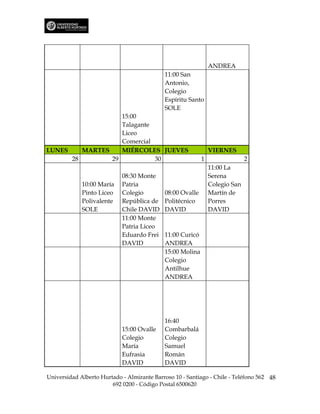 ANDREA
                                            11:00 San
                                            Antonio,
                                            Colegio
                                            Espíritu Santo
                                            SOLE
                   15:00
                   Talagante
                   Liceo
                   Comercial
LUNES    MARTES    MIÉRCOLES JUEVES                            VIERNES
      28        29           30                            1                 2
                                                               11:00 La
                            08:30 Monte                        Serena
             10:00 María    Patria                             Colegio San
             Pinto Liceo    Colegio         08:00 Ovalle       Martín de
             Polivalente    República de    Politécnico        Porres
             SOLE           Chile DAVID     DAVID              DAVID
                            11:00 Monte
                            Patria Liceo
                            Eduardo Frei    11:00 Curicó
                            DAVID           ANDREA
                                            15:00 Molina
                                            Colegio
                                            Antilhue
                                            ANDREA




                                            16:40
                            15:00 Ovalle    Combarbalá
                            Colegio         Colegio
                            María           Samuel
                            Eufrasia        Román
                            DAVID           DAVID

Universidad Alberto Hurtado - Almirante Barroso 10 - Santiago - Chile - Teléfono 562 48
                        692 0200 - Código Postal 6500620
 