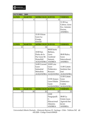 OCTUBRE 2009
LUNES   MARTES   MIÉRCOLES JUEVES                             VIERNES
      5        6         7                                8                9
                                                              11:30 Las
                                                              Cabras, Liceo
                                                              Fco. Antonio
                                                              Encina,
                                                              ANDREA
                   15:30 Vilcún
                   Liceo La
                   Granja,
                   DAVID
LUNES    MARTES    MIÉRCOLES JUEVES                           VIERNES
      12        13             14             15                          16
                                  08:00 Santa
                   10:00 San      Bárbara,
                   Pedro de la    Liceo                       08:00 Ralco,
                   Paz Liceo M. Cardenal                      Liceo
                   Hotschild      Samoré,                     Intercultural,
                   ALEJANDRA ANDREA                           ANDREA
                   14:00 Coronel 10:00 Lota
                   Liceo          Liceo      11:00 Cañete
                   Industrial     PolitécnicoInstituto San
                   Metodista      Rosauro    José
                   ALEJANDRA ALEJANDRA       ALEJANDRA
                                             13:30 Cañete
                              13:30 Arauco Liceo
                              Liceo Filidor Politécnico
                              Gaete          Cañete
                              ALEJANDRA ALEJANDRA
LUNES    MARTES    MIÉRCOLES JUEVES          VIERNES
      19        20         21             22             23
                              10:00
                              Panguipulli    08:00 La
                              C.             Unión Liceo
                              Educacional Agrícola San
                              Altamira       Javier
                              ANDREA         ANDREA

Universidad Alberto Hurtado - Almirante Barroso 10 - Santiago - Chile - Teléfono 562 49
                        692 0200 - Código Postal 6500620
 